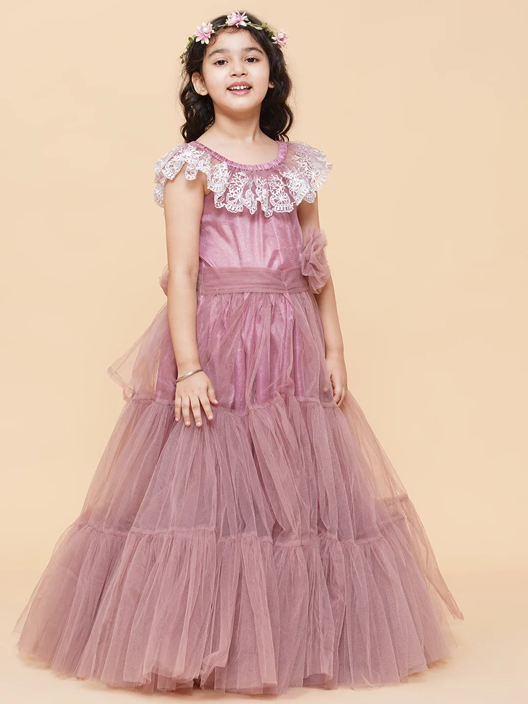 Girls Pink & White Floral Embroidered Net Mexi Dress