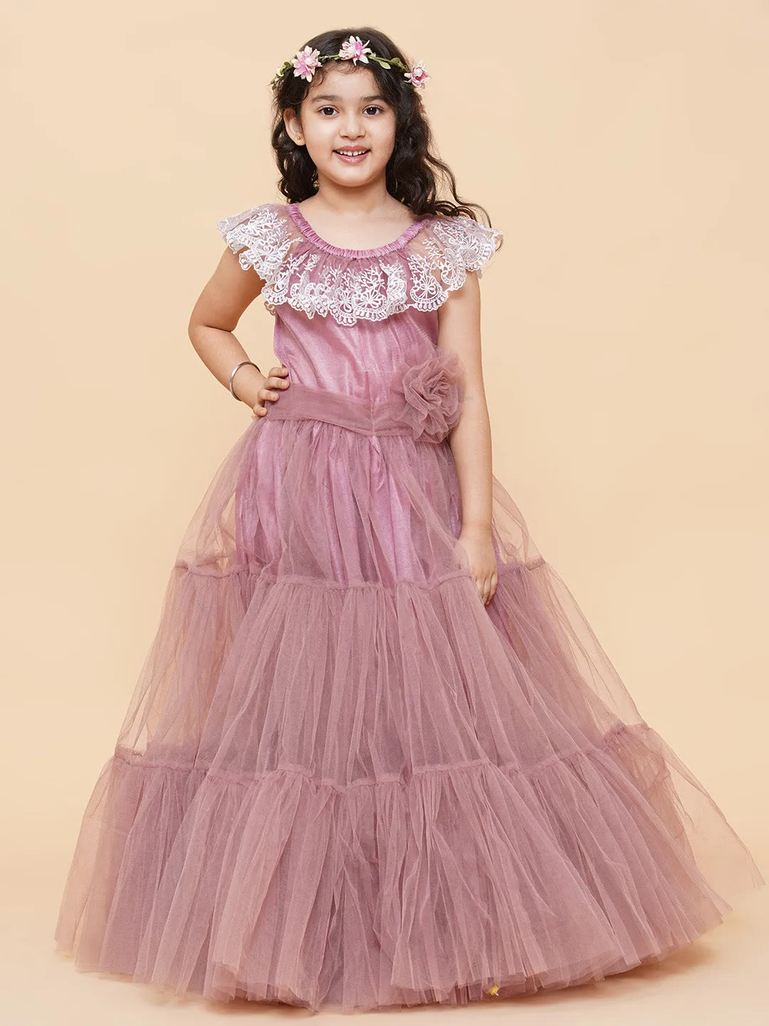 Girls Pink & White Floral Embroidered Net Mexi Dress