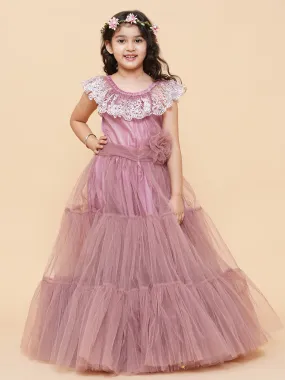 Girls Pink & White Floral Embroidered Net Mexi Dress