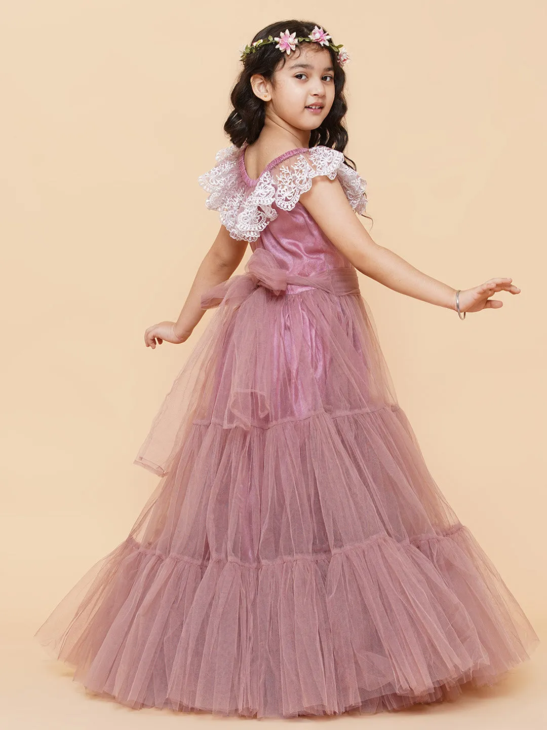 Girls Pink & White Floral Embroidered Net Mexi Dress