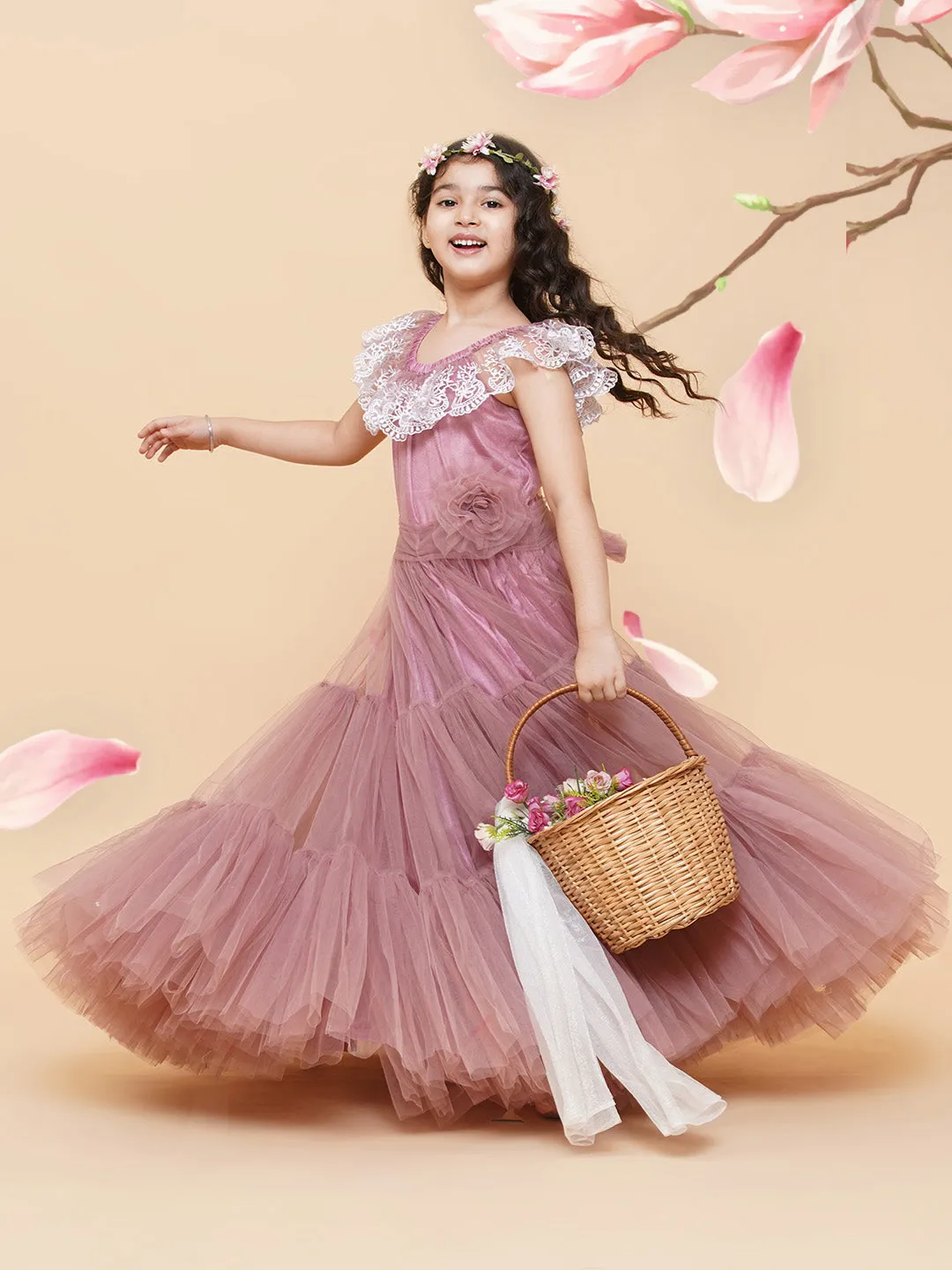 Girls Pink & White Floral Embroidered Net Mexi Dress