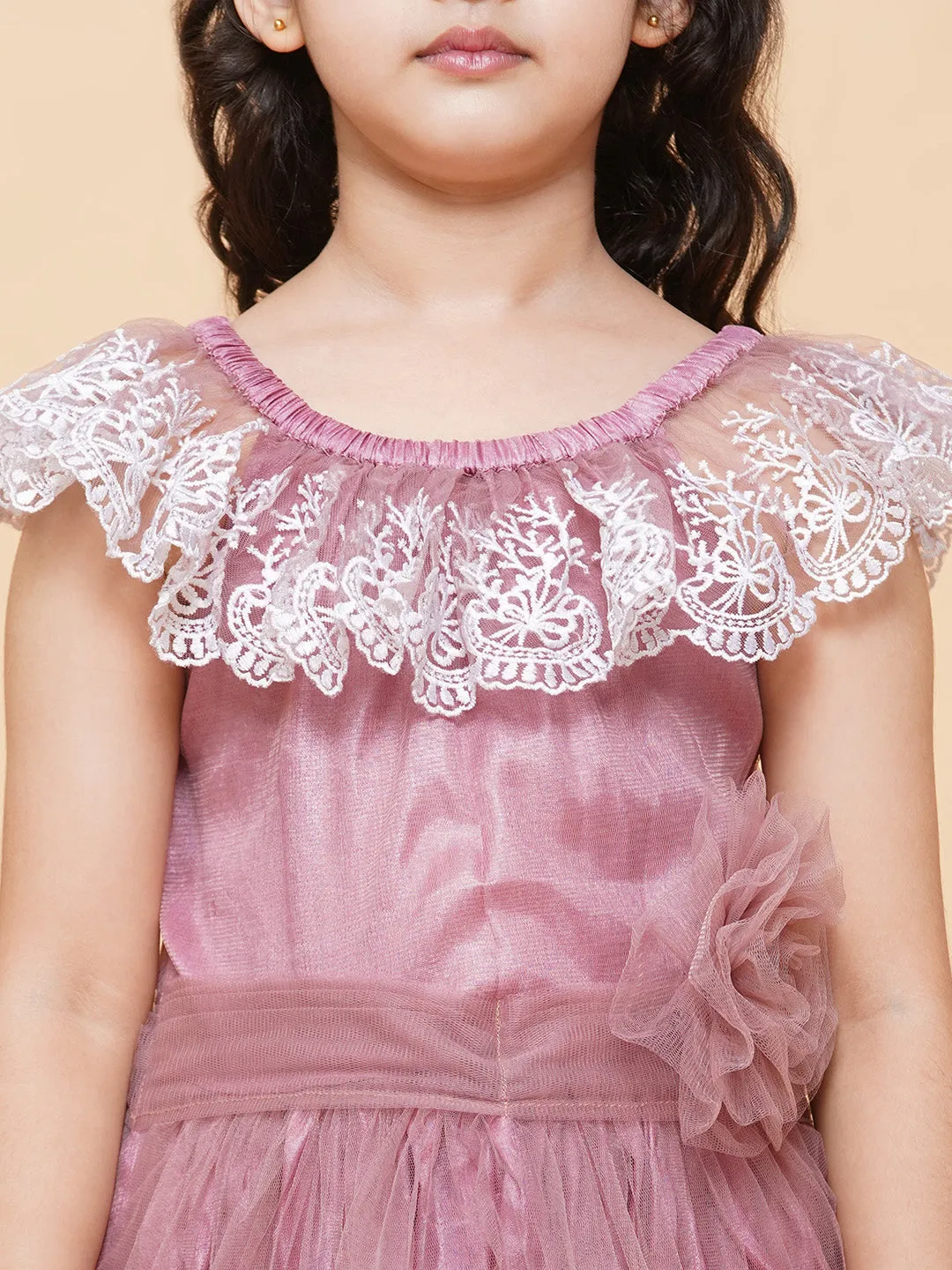 Girls Pink & White Floral Embroidered Net Mexi Dress