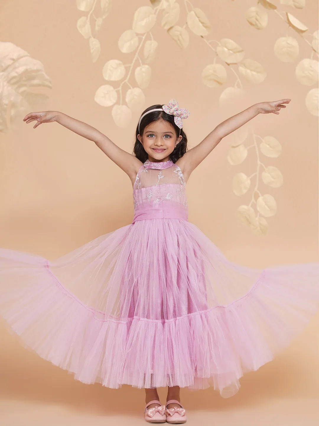 Girl's Pink Net Floral Embroidered Gown - Bitiya By Bhama