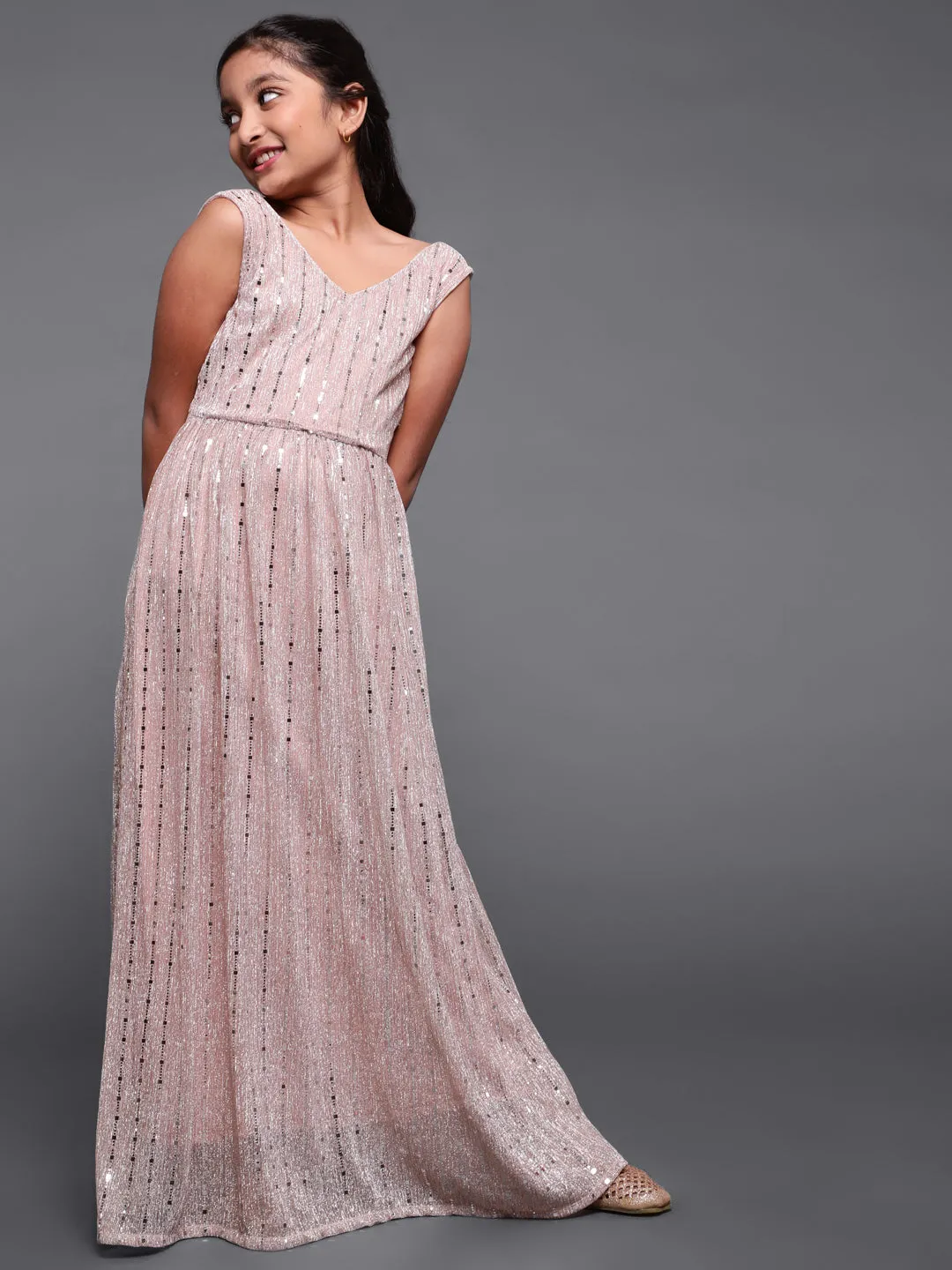 Girl's Rose Gold Embellished Flared Maxi Dress - Aks Girls