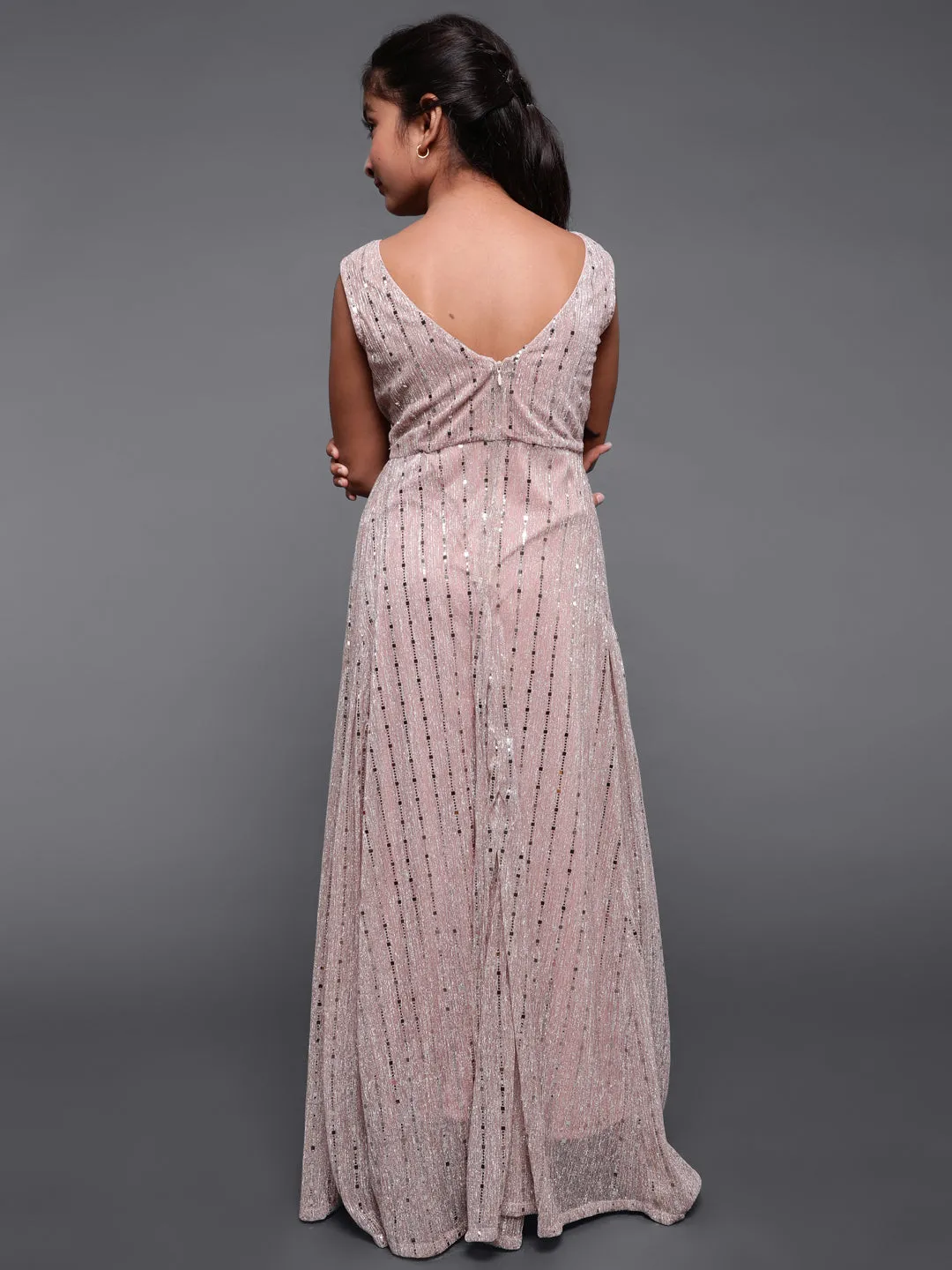 Girl's Rose Gold Embellished Flared Maxi Dress - Aks Girls