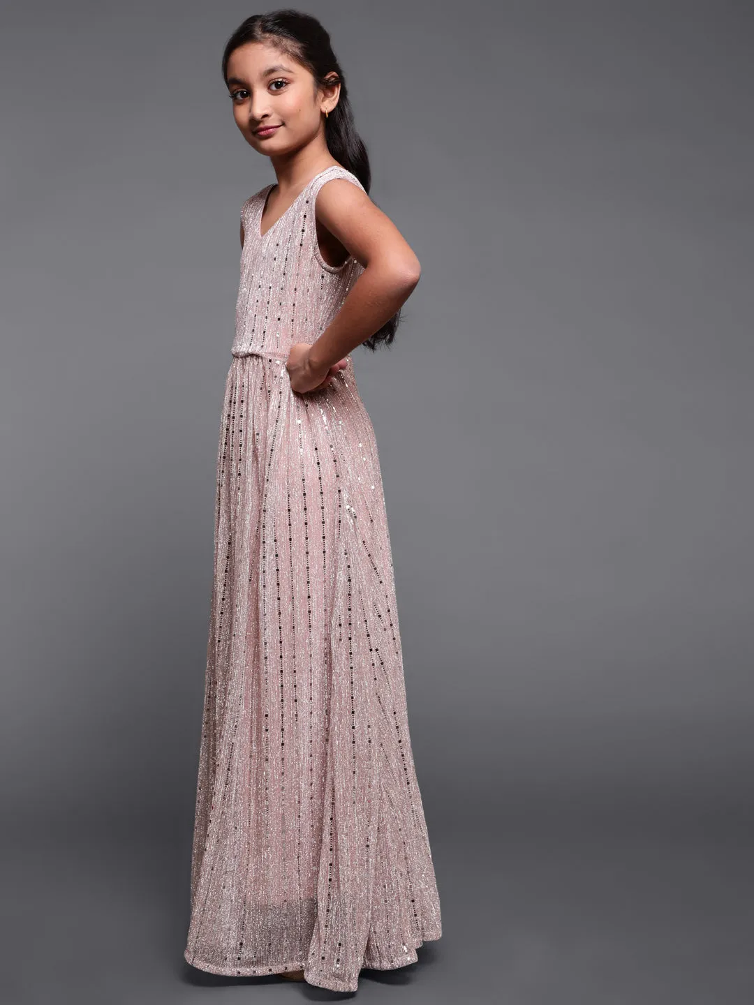 Girl's Rose Gold Embellished Flared Maxi Dress - Aks Girls