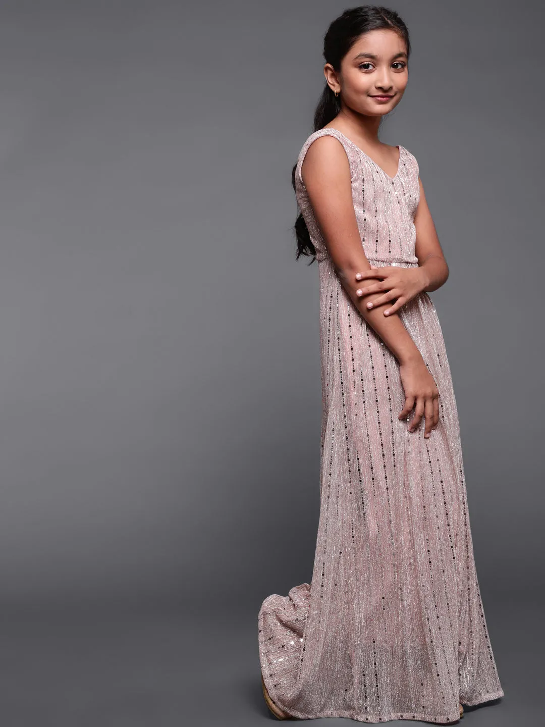 Girl's Rose Gold Embellished Flared Maxi Dress - Aks Girls