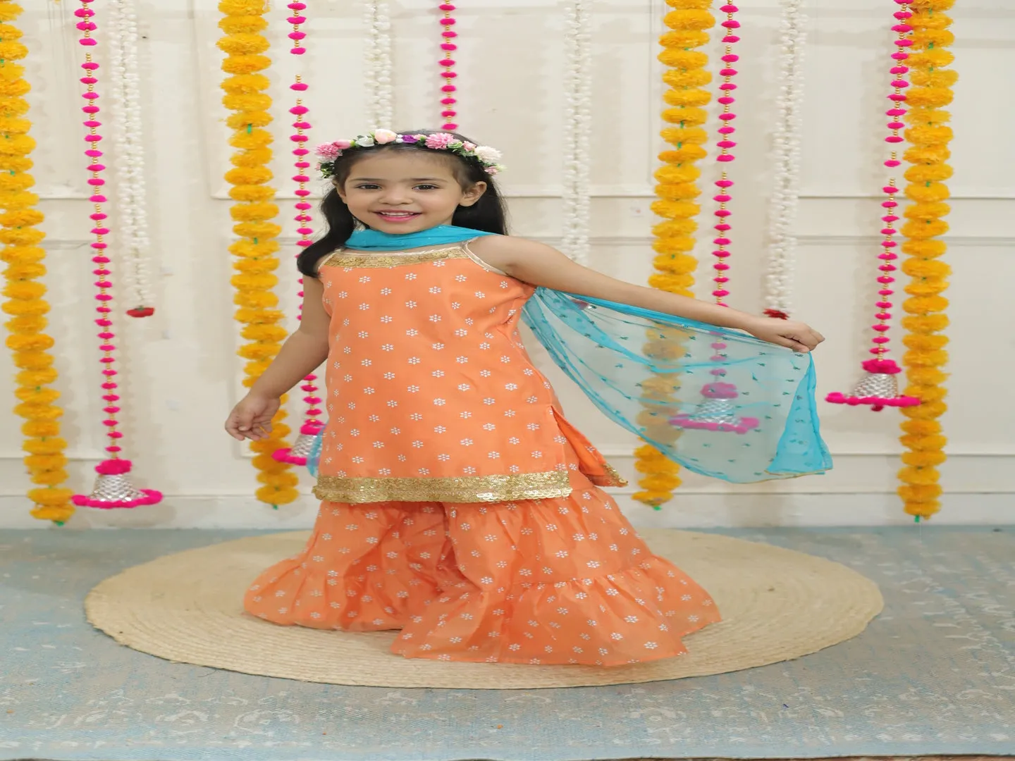 Girl's spagetti short kurti with sharara & sequins dupatta-Peach - Lil Peacock
