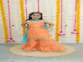 Girl's spagetti short kurti with sharara & sequins dupatta-Peach - Lil Peacock