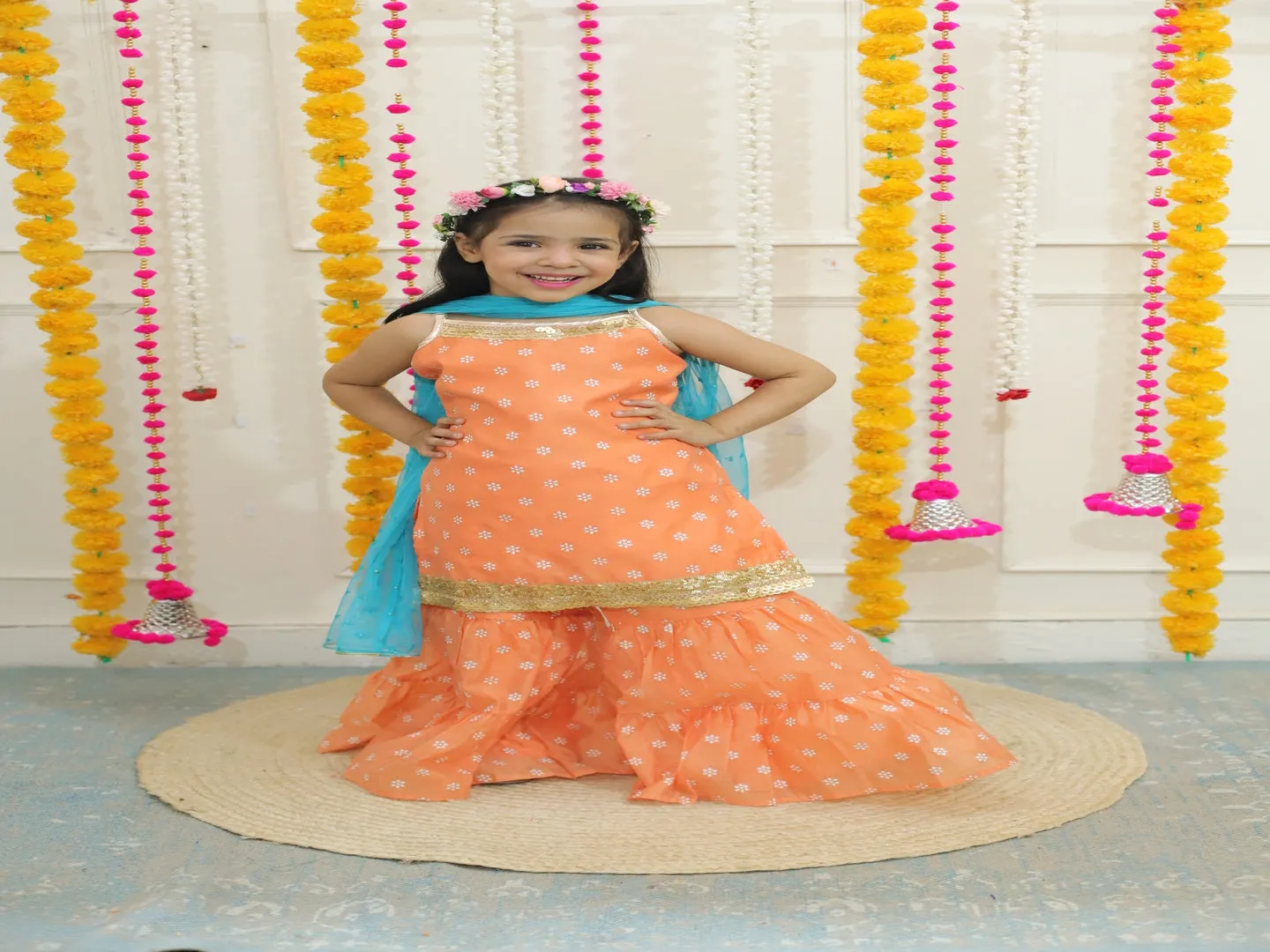 Girl's spagetti short kurti with sharara & sequins dupatta-Peach - Lil Peacock