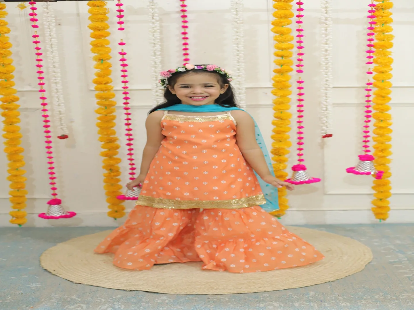 Girl's spagetti short kurti with sharara & sequins dupatta-Peach - Lil Peacock