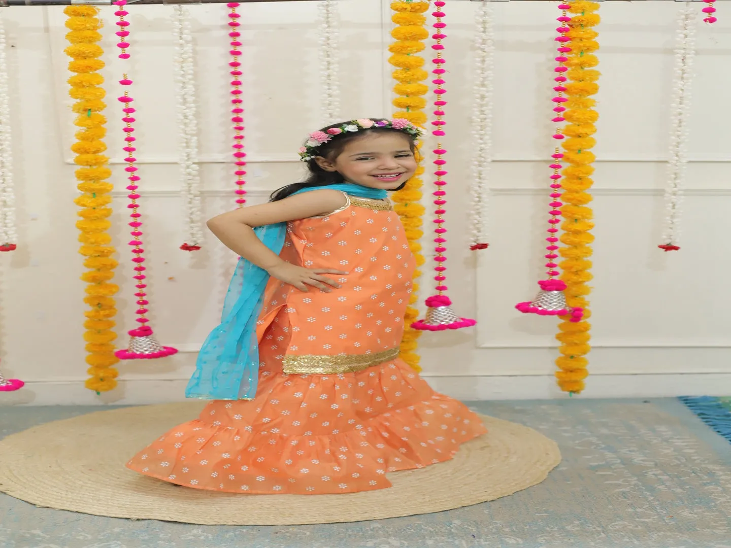 Girl's spagetti short kurti with sharara & sequins dupatta-Peach - Lil Peacock