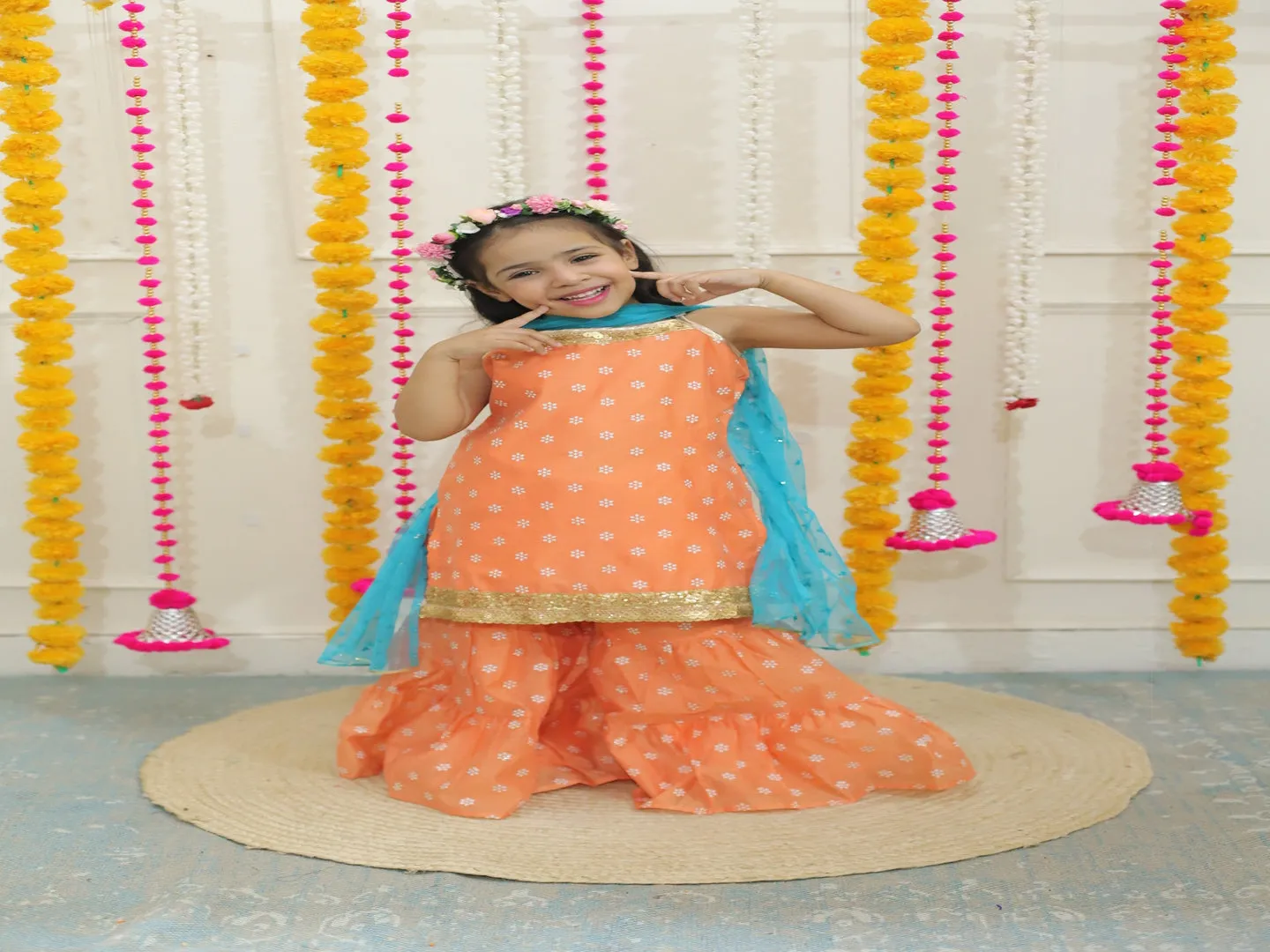Girl's spagetti short kurti with sharara & sequins dupatta-Peach - Lil Peacock