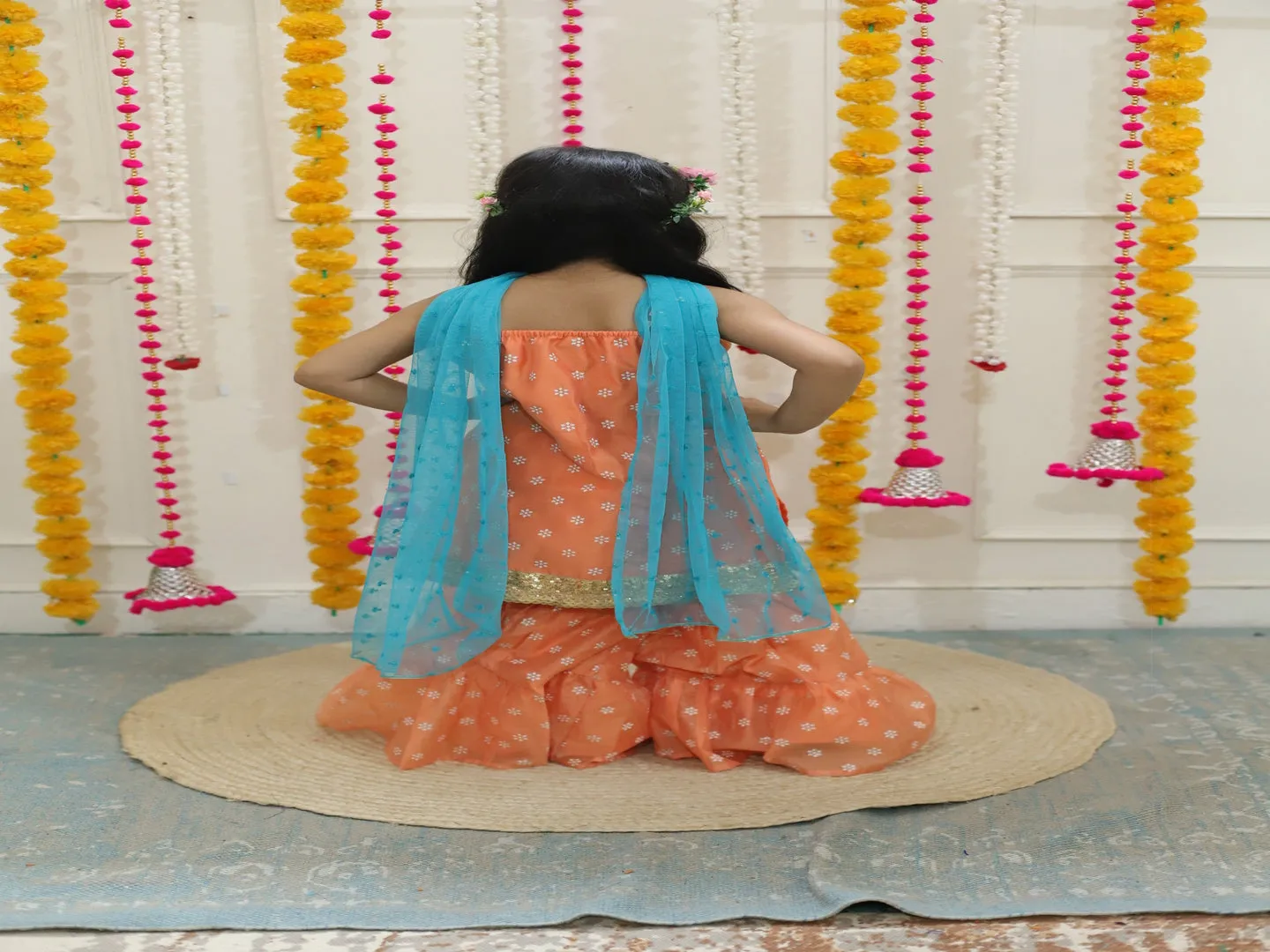 Girl's spagetti short kurti with sharara & sequins dupatta-Peach - Lil Peacock