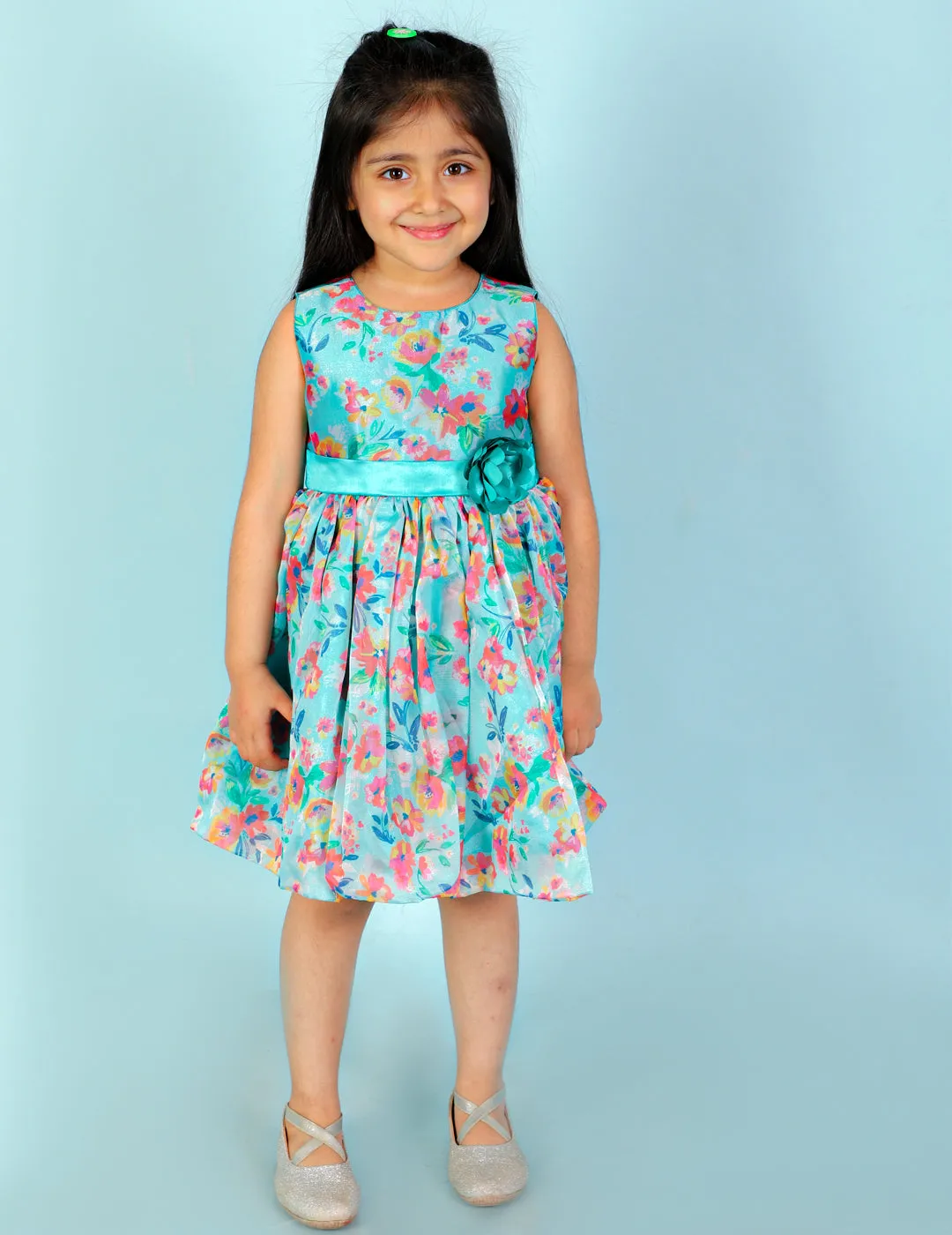 Girl's Stylish Floral Print Ballon Dress-Green - Lil Peacock
