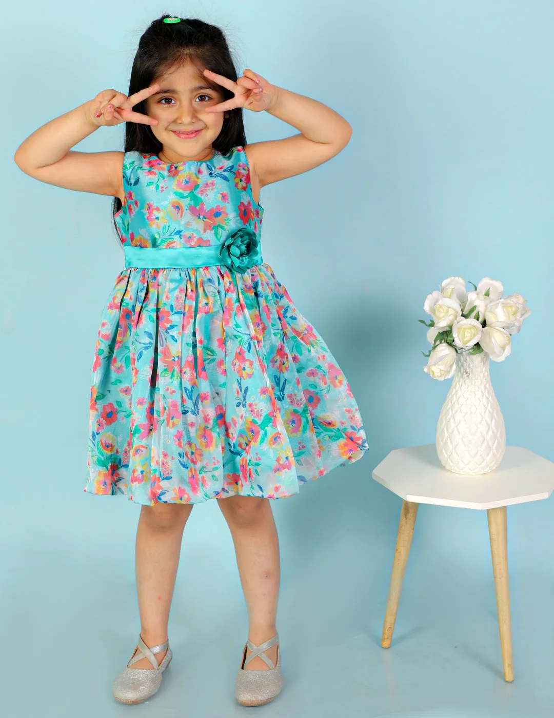 Girl's Stylish Floral Print Ballon Dress-Green - Lil Peacock