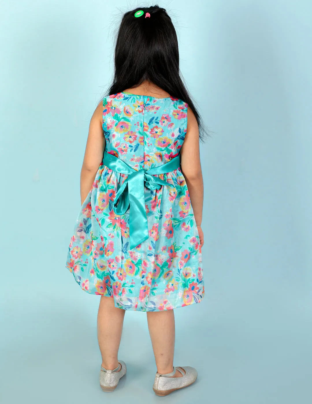 Girl's Stylish Floral Print Ballon Dress-Green - Lil Peacock