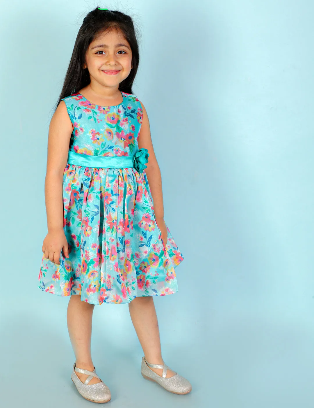 Girl's Stylish Floral Print Ballon Dress-Green - Lil Peacock