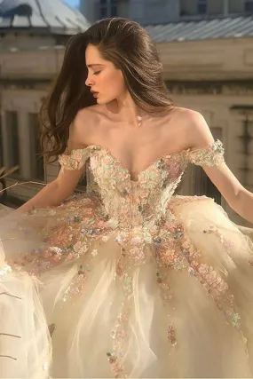 Gorgeous Off Shoulder Champagne Lace Floral Prom Dress, Long 3D Flower Champagne Formal Evening Dress, Champagne Ball Gown