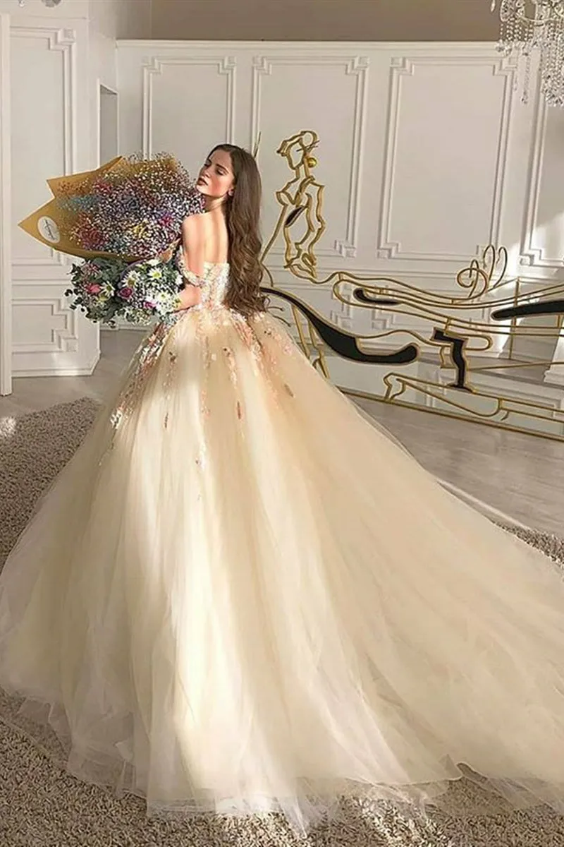 Gorgeous Off Shoulder Champagne Lace Floral Prom Dress, Long 3D Flower Champagne Formal Evening Dress, Champagne Ball Gown