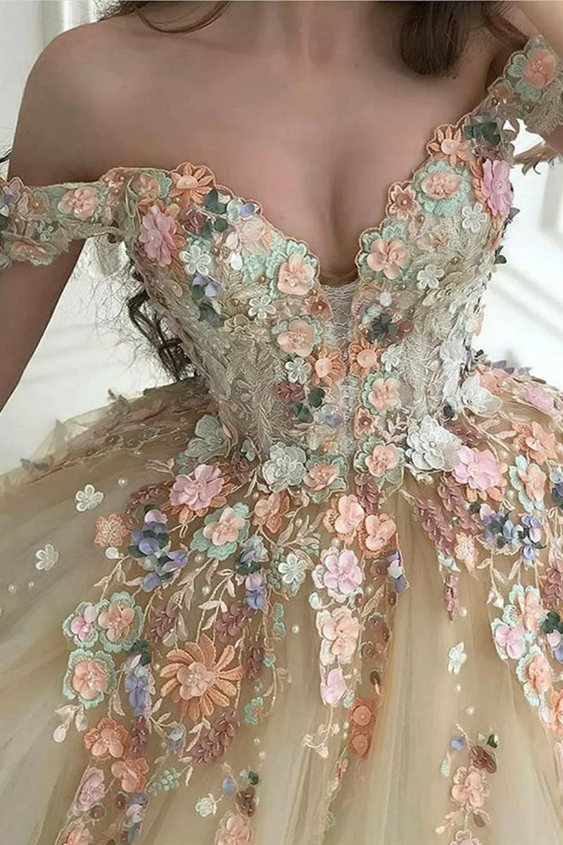 Gorgeous Off Shoulder Champagne Lace Floral Prom Dress, Long 3D Flower Champagne Formal Evening Dress, Champagne Ball Gown