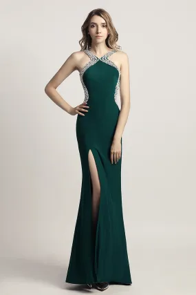 Green & Black Sexy Backless Long Evening Dress With Side Slit