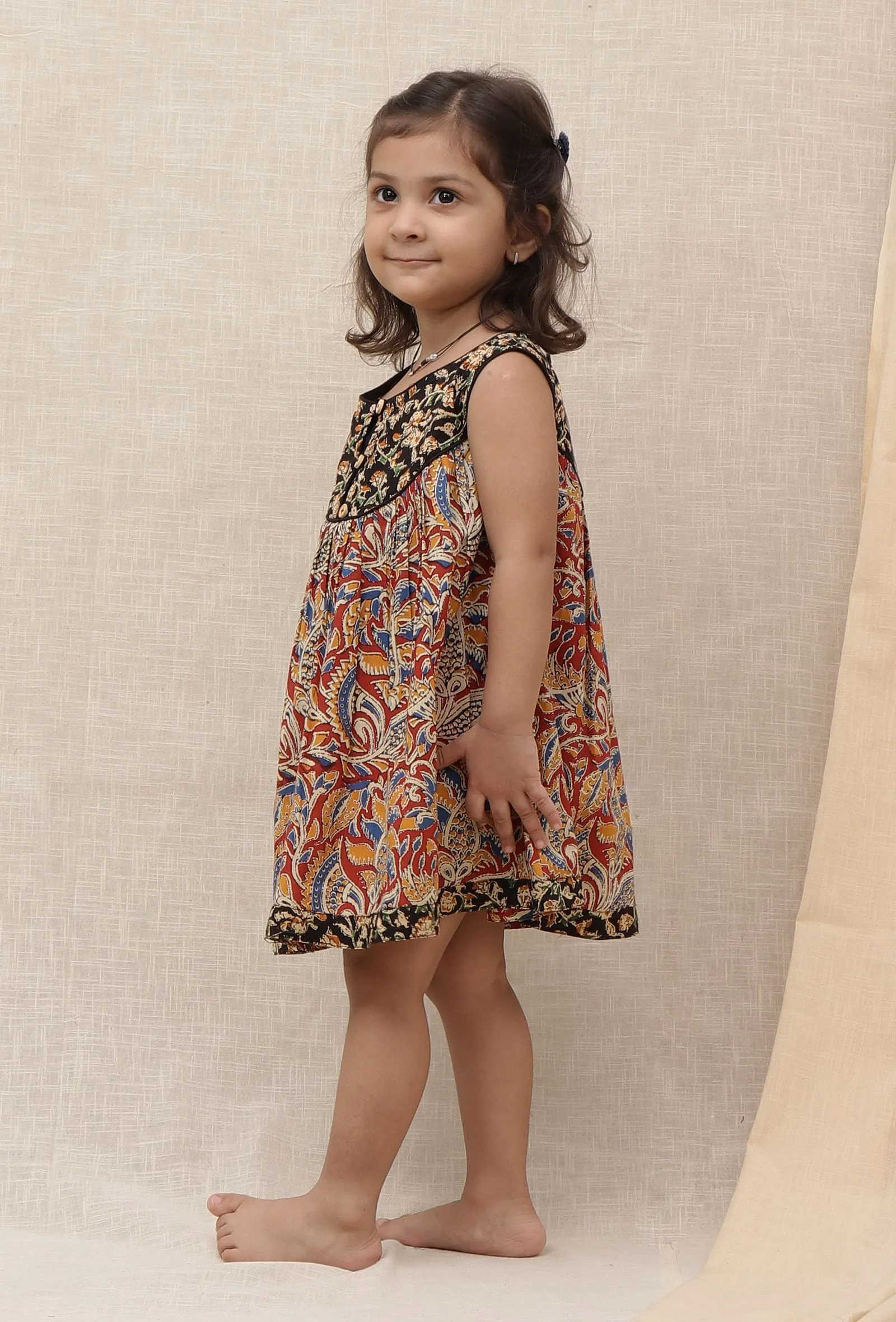 Ihina Black & Maroon Red Kalamkari Printed Cotton Dress