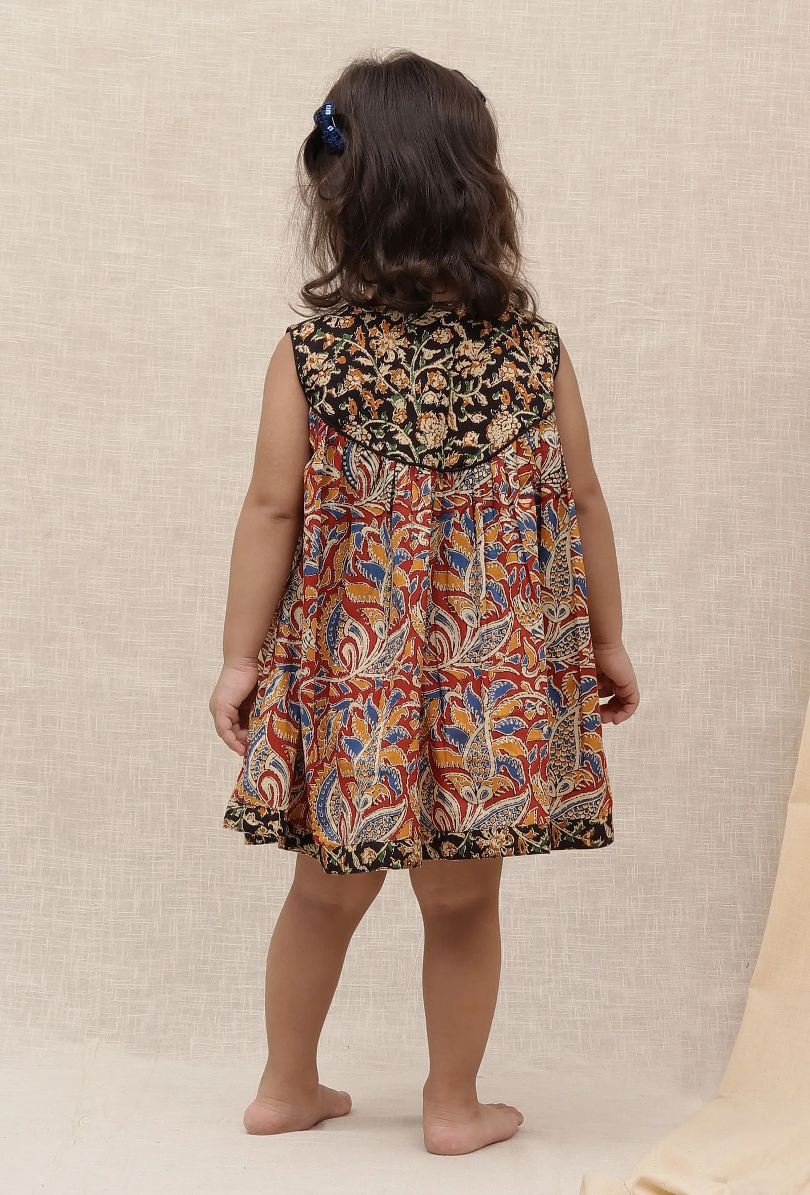 Ihina Black & Maroon Red Kalamkari Printed Cotton Dress