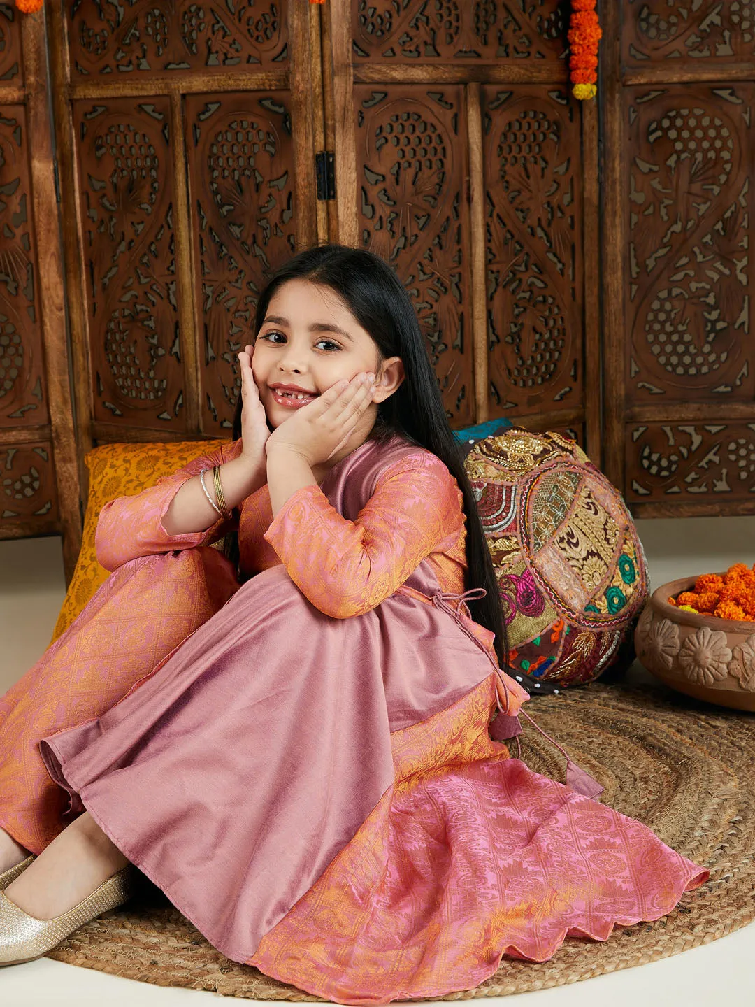 Jashvi Girl's Pink Jacquard Anarkali Kurta Salwar Set