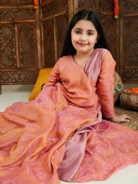 Jashvi Girl's Pink Jacquard Anarkali Kurta Salwar Set