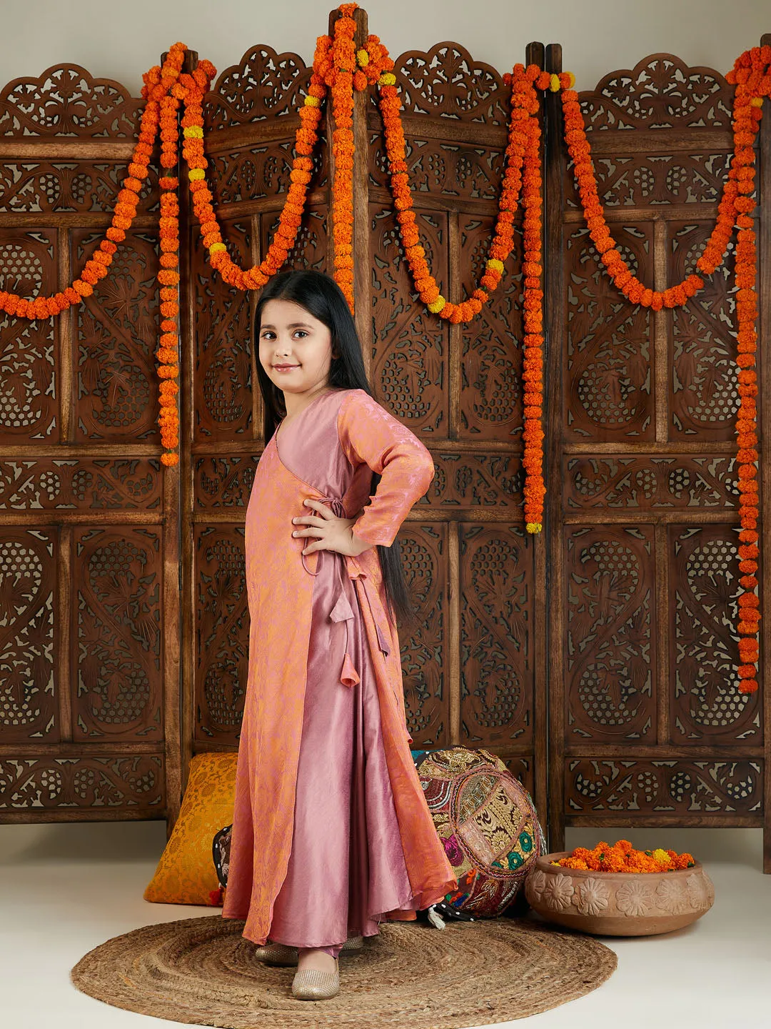 Jashvi Girl's Pink Jacquard Anarkali Kurta Salwar Set