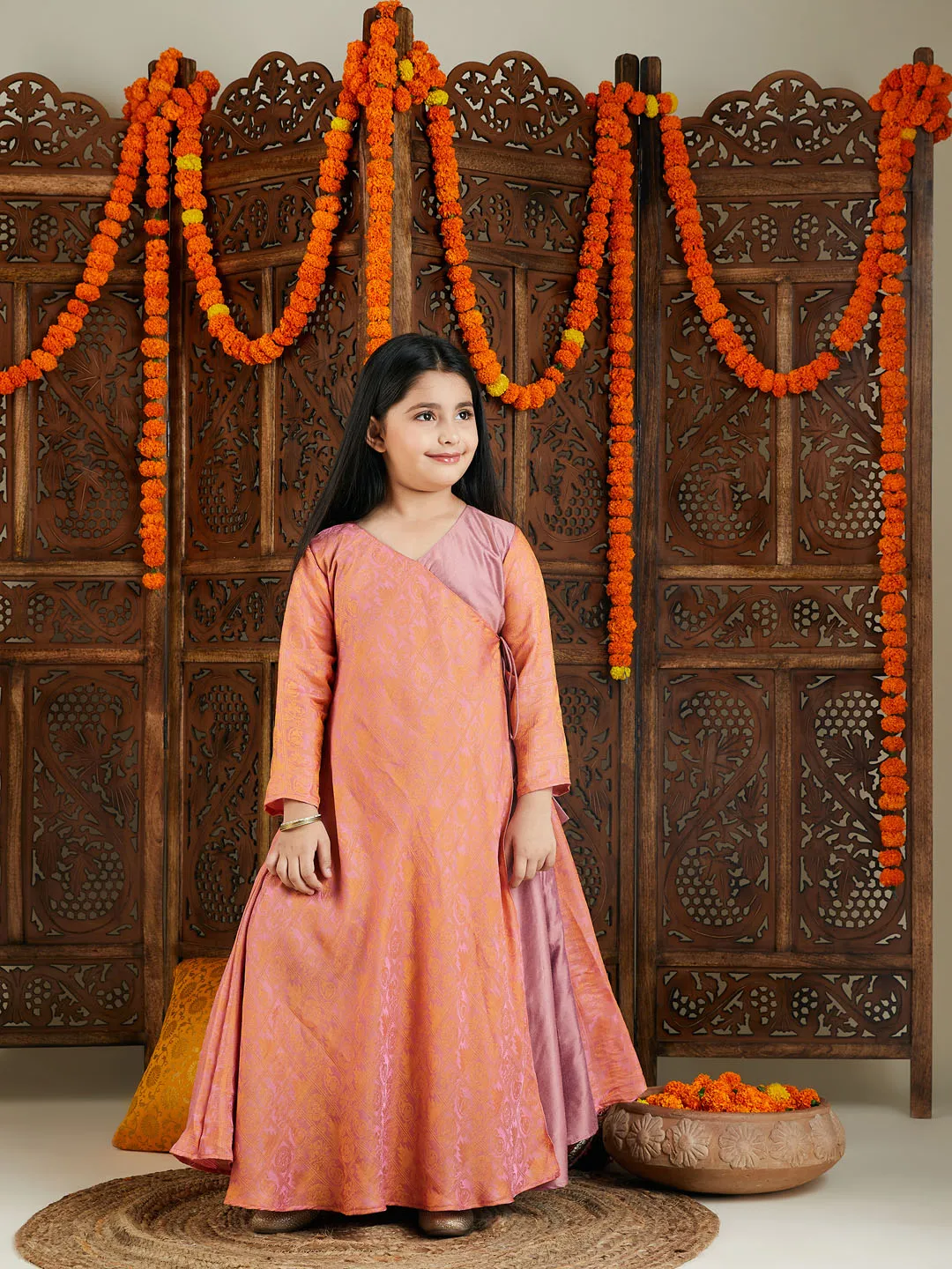 Jashvi Girl's Pink Jacquard Anarkali Kurta Salwar Set
