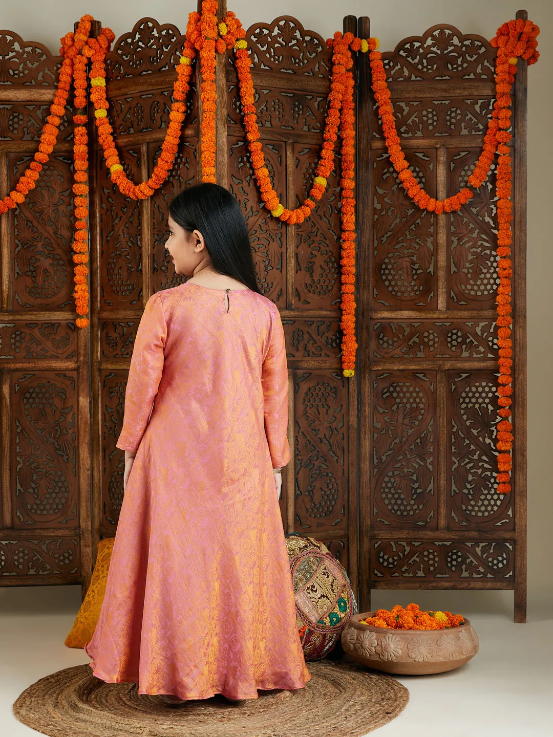Jashvi Girl's Pink Jacquard Anarkali Kurta Salwar Set
