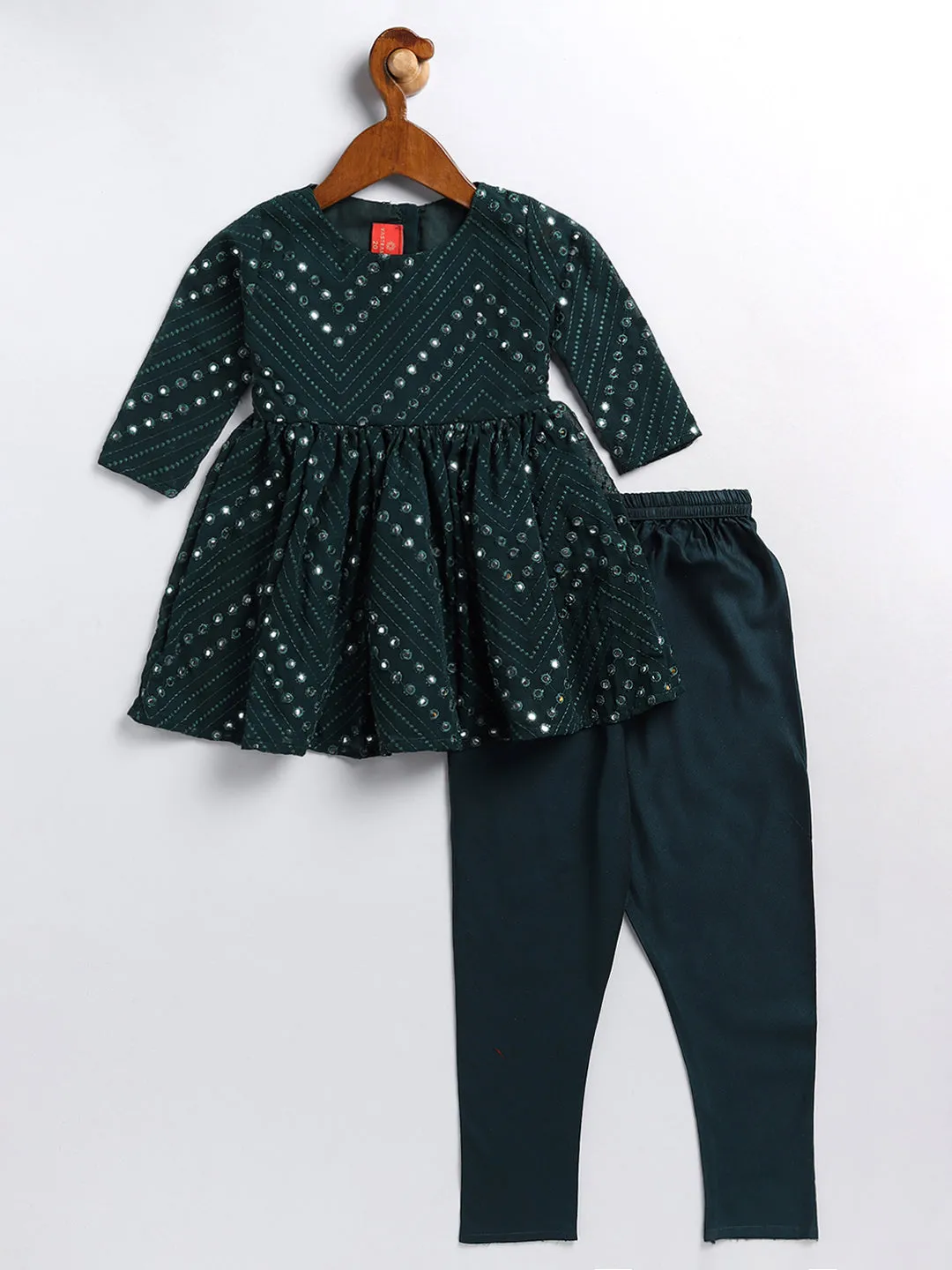 Jashvi SISHU Girl's Green Mirror Kurta Pyjama Set
