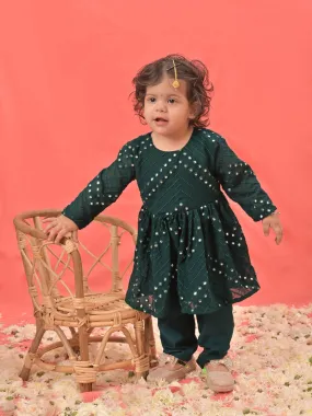 Jashvi SISHU Girl's Green Mirror Kurta Pyjama Set