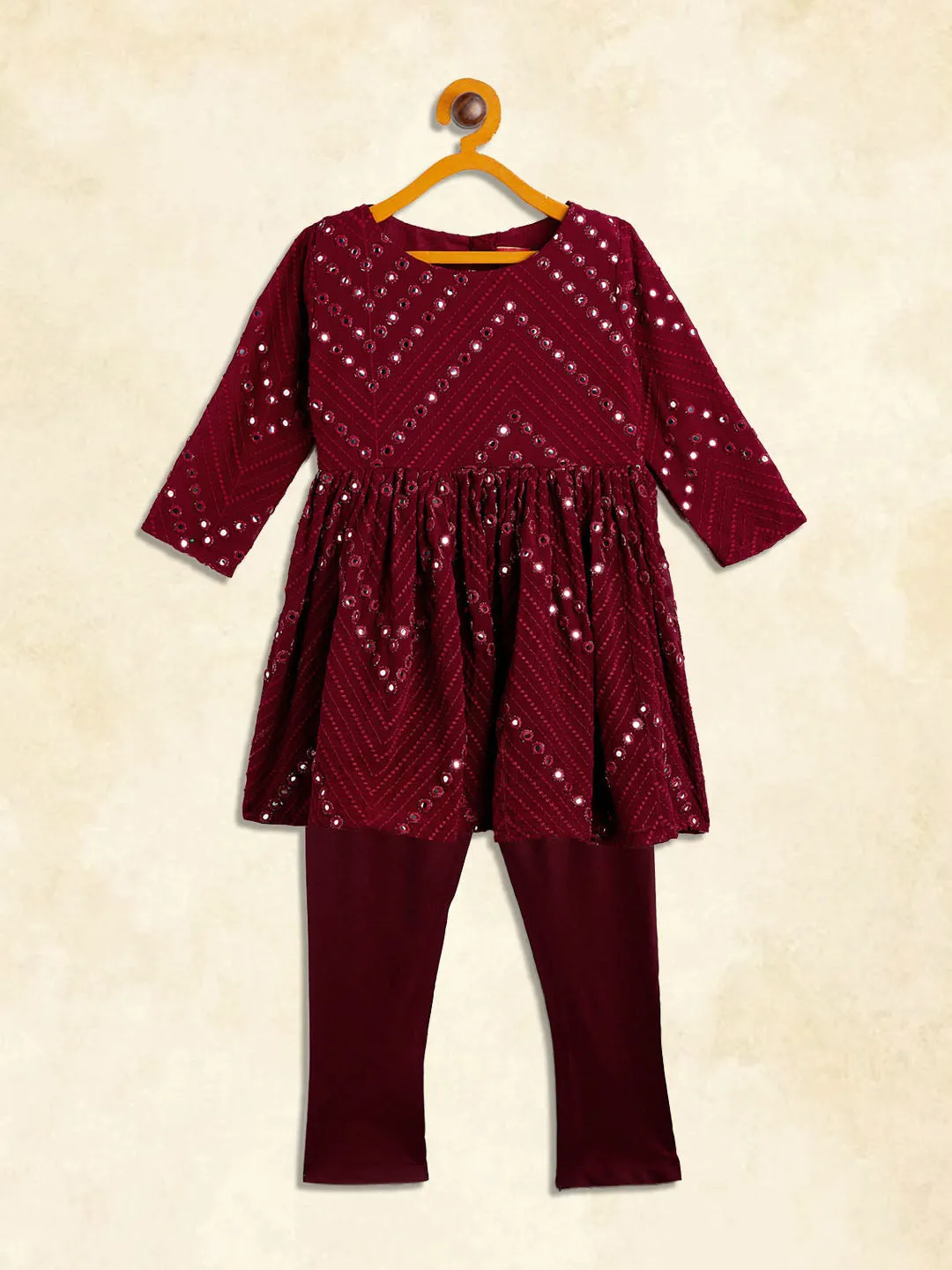 Jashvi SISHU Girl's Maroon Mirror Kurta Pyjama Set