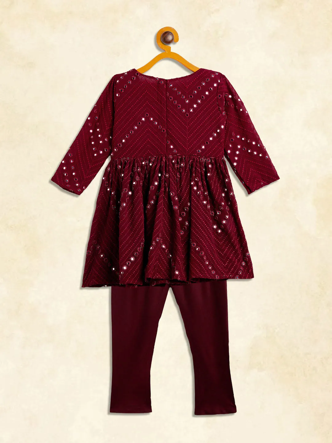 Jashvi SISHU Girl's Maroon Mirror Kurta Pyjama Set