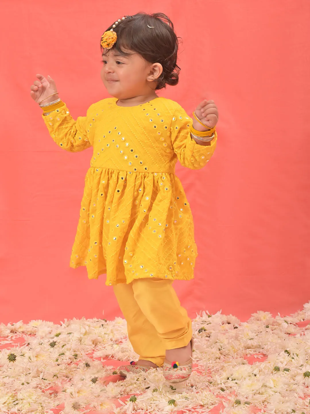 Jashvi SISHU Girl's Yellow Mirror Kurta Pyjama Set