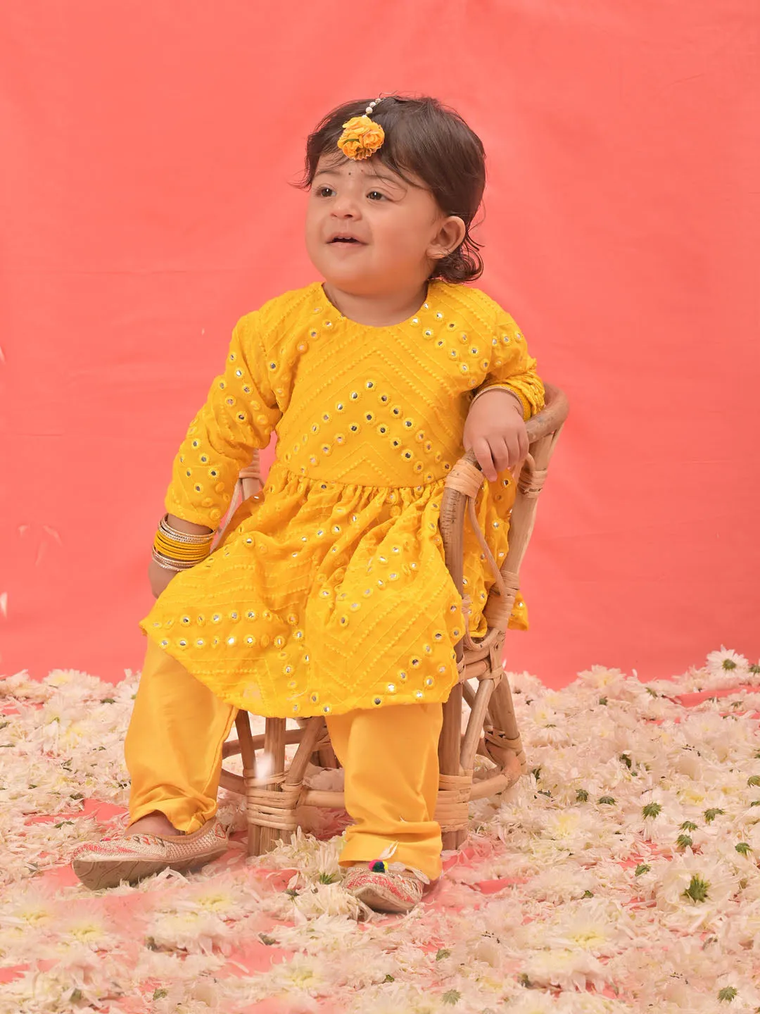 Jashvi SISHU Girl's Yellow Mirror Kurta Pyjama Set
