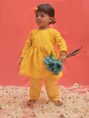 Jashvi SISHU Girl's Yellow Mirror Kurta Pyjama Set