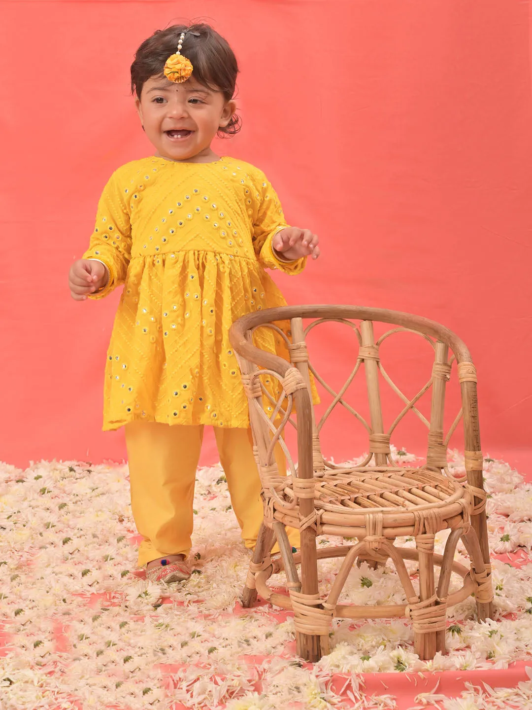 Jashvi SISHU Girl's Yellow Mirror Kurta Pyjama Set