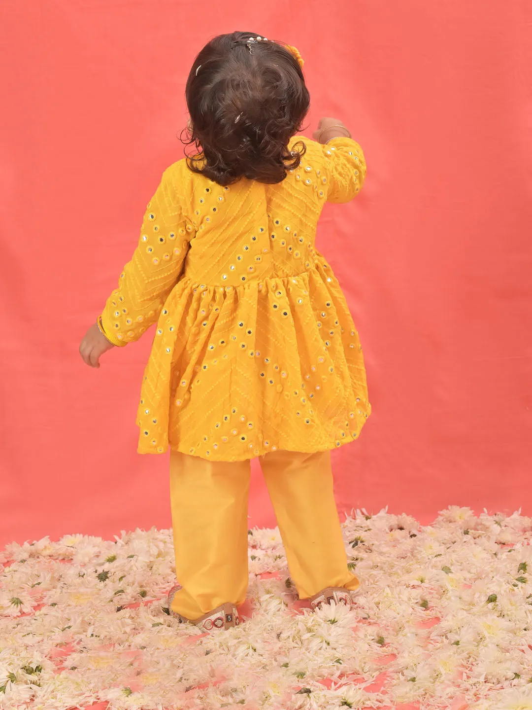 Jashvi SISHU Girl's Yellow Mirror Kurta Pyjama Set