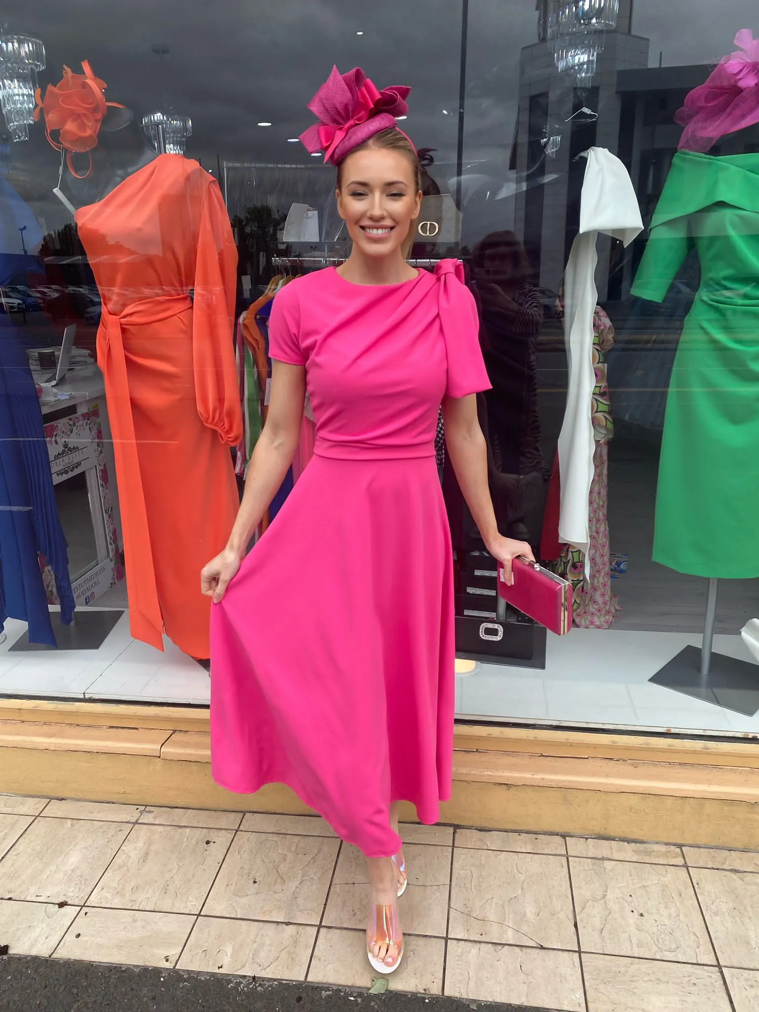 Kate Bow shoulder tea length fuchsia pink dress