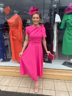 Kate Bow shoulder tea length fuchsia pink dress