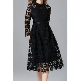 Ketty More Women Pretty Lace Pattern Mid-Length Superb Solid Color Long Sleeve Collar Neck Comfortable Party Dress-KMWDC5083