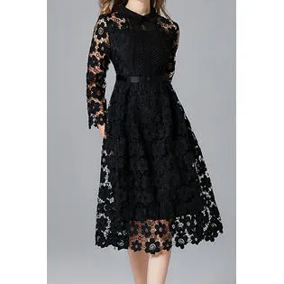 Ketty More Women Pretty Lace Pattern Mid-Length Superb Solid Color Long Sleeve Collar Neck Comfortable Party Dress-KMWDC5083