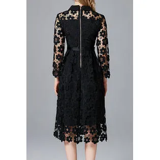 Ketty More Women Pretty Lace Pattern Mid-Length Superb Solid Color Long Sleeve Collar Neck Comfortable Party Dress-KMWDC5083