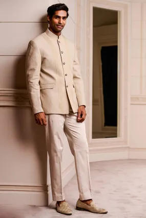 Khaki Linen Bandhgala With Front Dori Embroidery