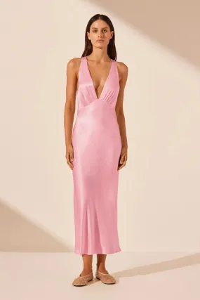La Lune Plunged Cross Back Midi Dress - Peony