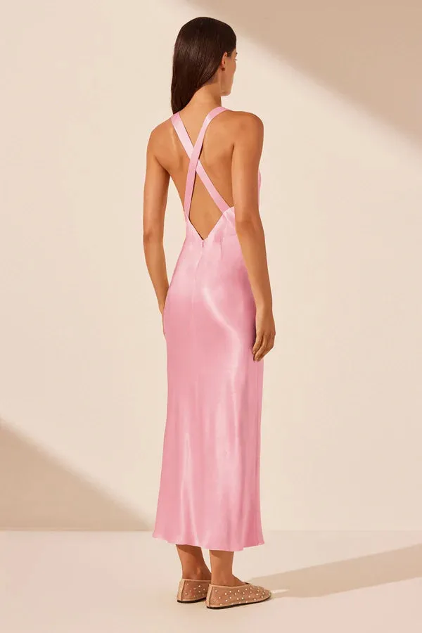 La Lune Plunged Cross Back Midi Dress - Peony